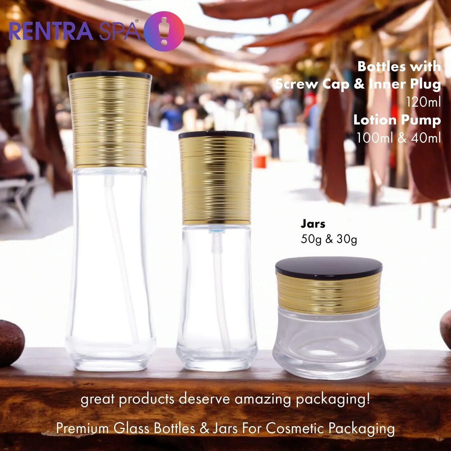 Clear glass cosmetic bottles and jars with gold screw caps, ideal for skincare packaging.