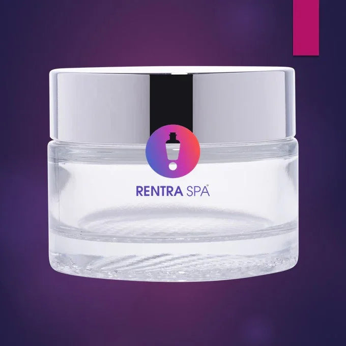 Clear glass cosmetic jar with silver lid, RENTRA SPA logo, luxury skincare packaging