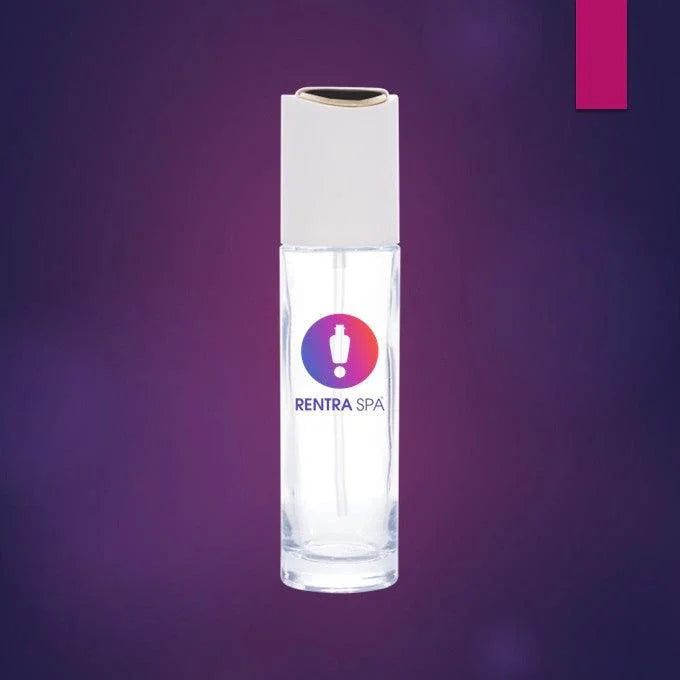 RENTRA SPA premium glass spray bottle with white cap for perfumes or skincare on purple background