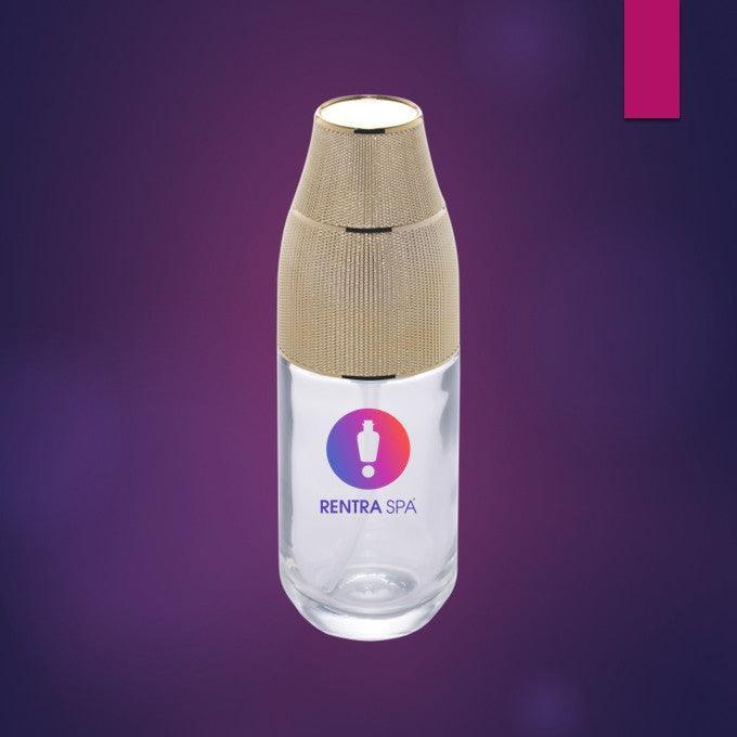 Luxury glass serum bottle with gold cap and Rentra Spa logo on purple background