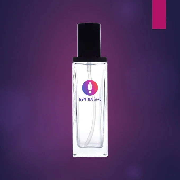Square clear glass cosmetic spray bottle with black cap on a purple background