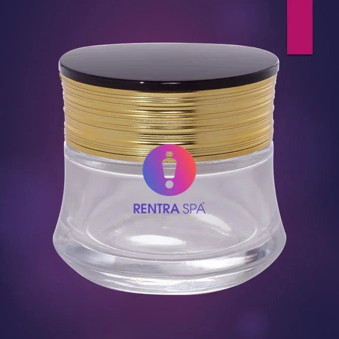 Clear cosmetic glass jar with black and gold screw cap, ideal for creams or skincare packaging