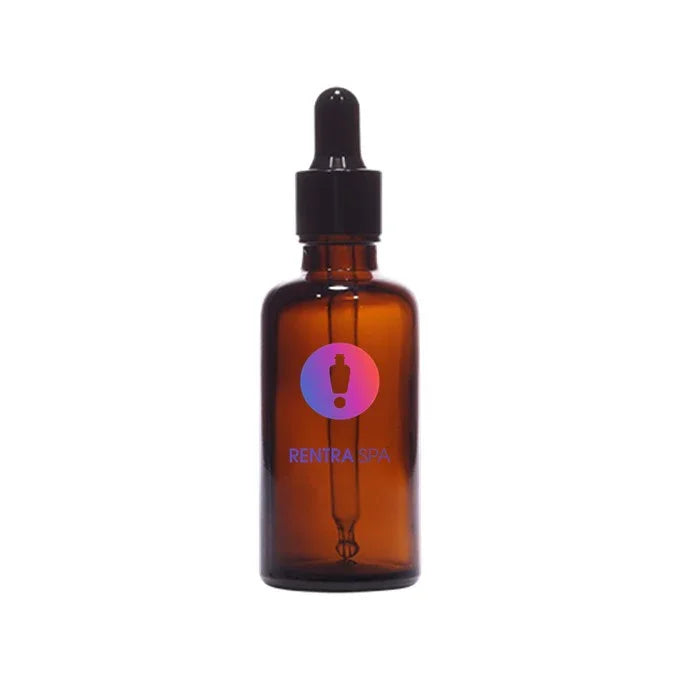Amber glass dropper bottle with black cap and colorful logo, ideal for cosmetic packaging