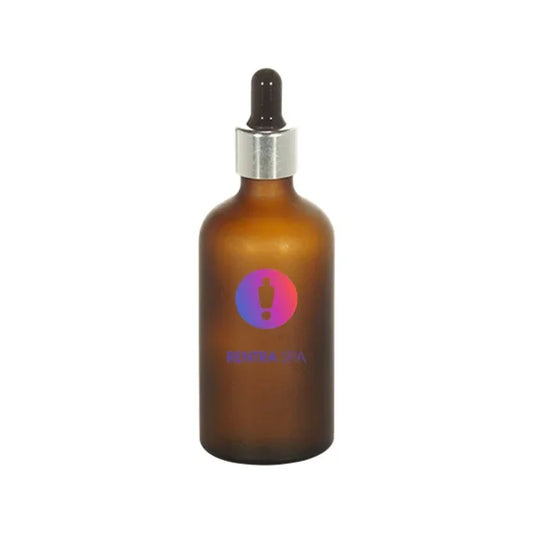 Amber glass dropper bottle with silver cap and logo, ideal for cosmetic packaging
