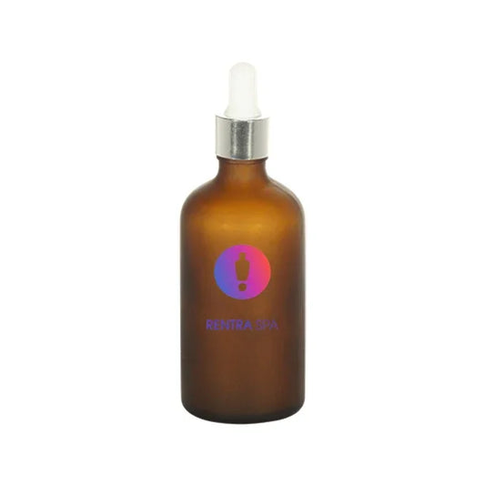 Amber glass dropper bottle with silver cap for cosmetic packaging, plain white background.