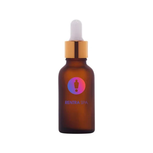 Amber glass dropper bottle with gold cap, gradient logo and text, for cosmetic packaging