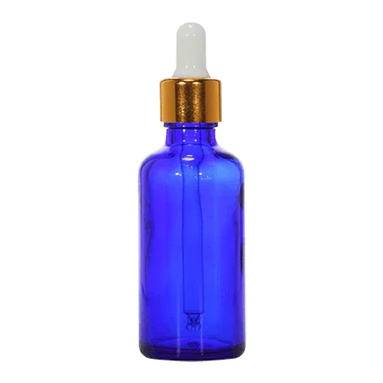 Blue glass dropper bottle with gold cap, ideal for cosmetic serum packaging