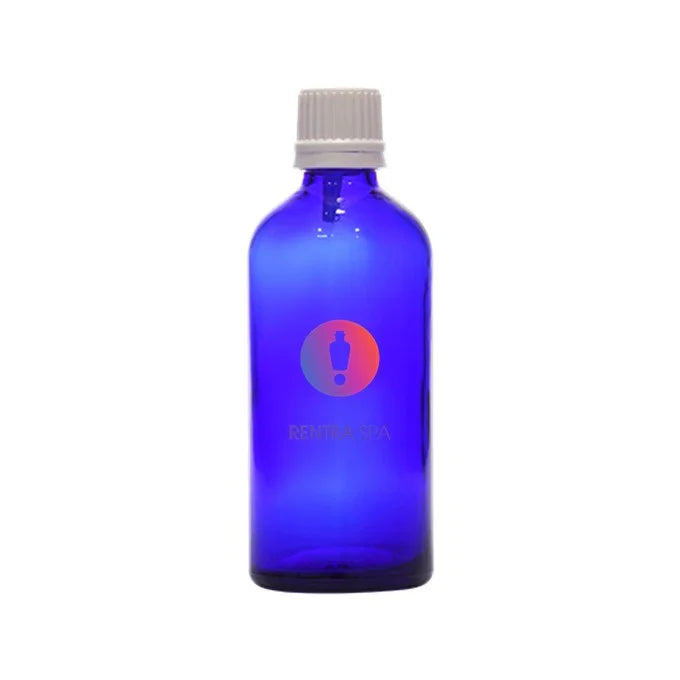 Blue glass cosmetic bottle with white screw cap for skincare or essential oils packaging