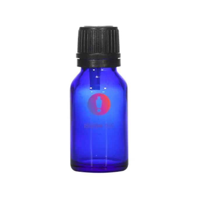 Blue glass dropper bottle with black ribbed cap for cosmetic packaging
