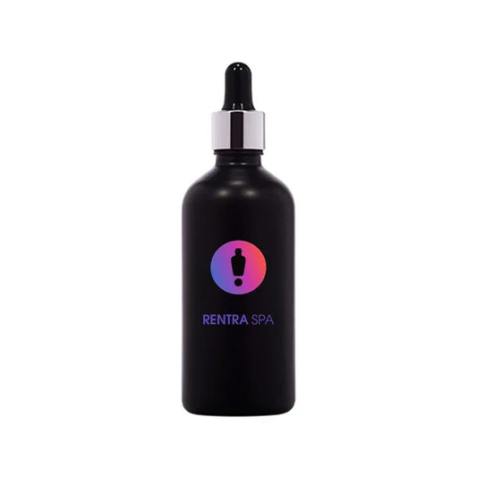 Black glass dropper bottle with gradient logo and silver cap for cosmetic packaging
