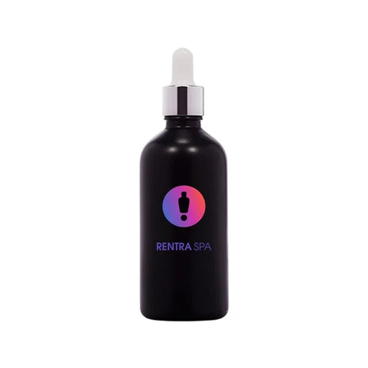 Black glass dropper bottle for cosmetic packaging with multicolor logo and silver cap