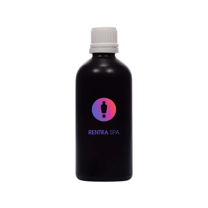 Black cosmetic glass bottle with white cap, RENTRA SPA logo, ideal for skincare packaging