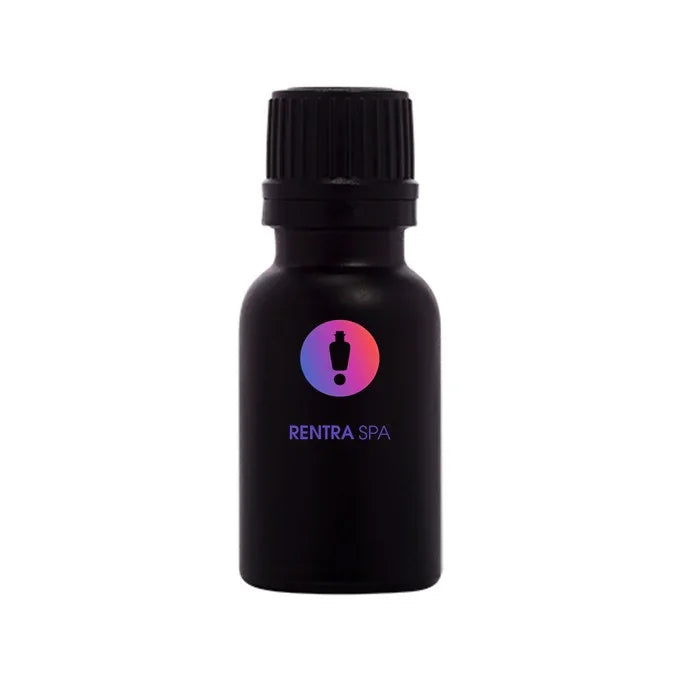 Matte black glass dropper bottle with a ribbed cap and RENTRA SPA logo, ideal for cosmetic packaging.
