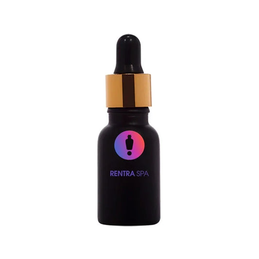 Black glass dropper bottle with gold cap for cosmetic packaging, RENTRASPA™ logo on front