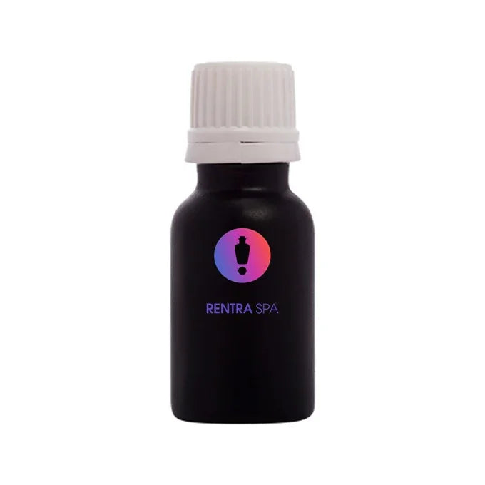 Black glass cosmetic dropper bottle with white cap and colorful logo on front