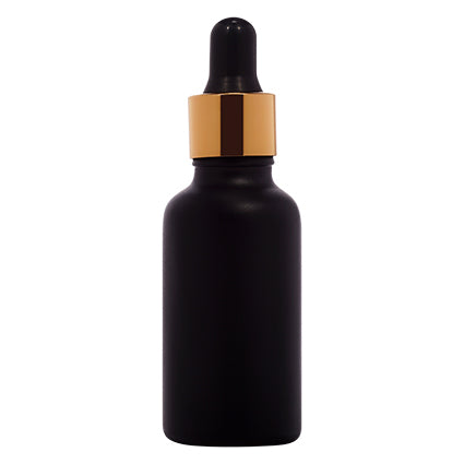 Matte black glass dropper bottle with gold collar for cosmetic packaging
