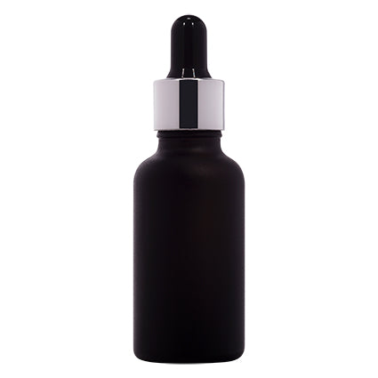 Matte black glass dropper bottle with shiny silver collar for cosmetic packaging