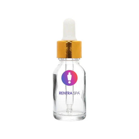 Clear glass dropper bottle with gold cap for cosmetic packaging, white background