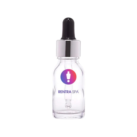 Clear glass dropper bottle with black cap for cosmetic serum packaging