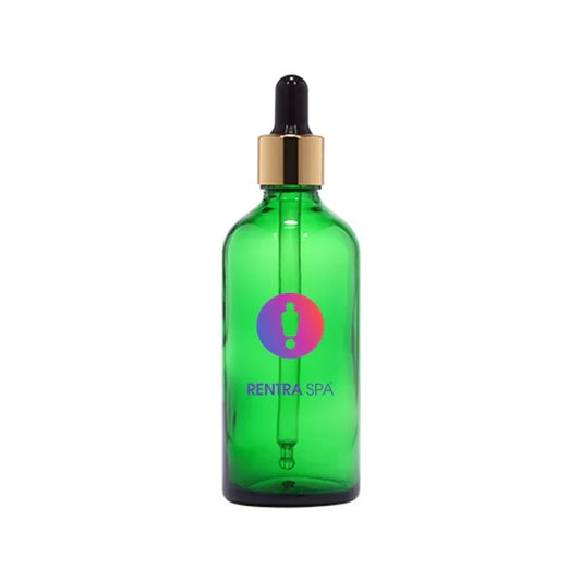 Green glass dropper bottle with gold cap for cosmetic packaging