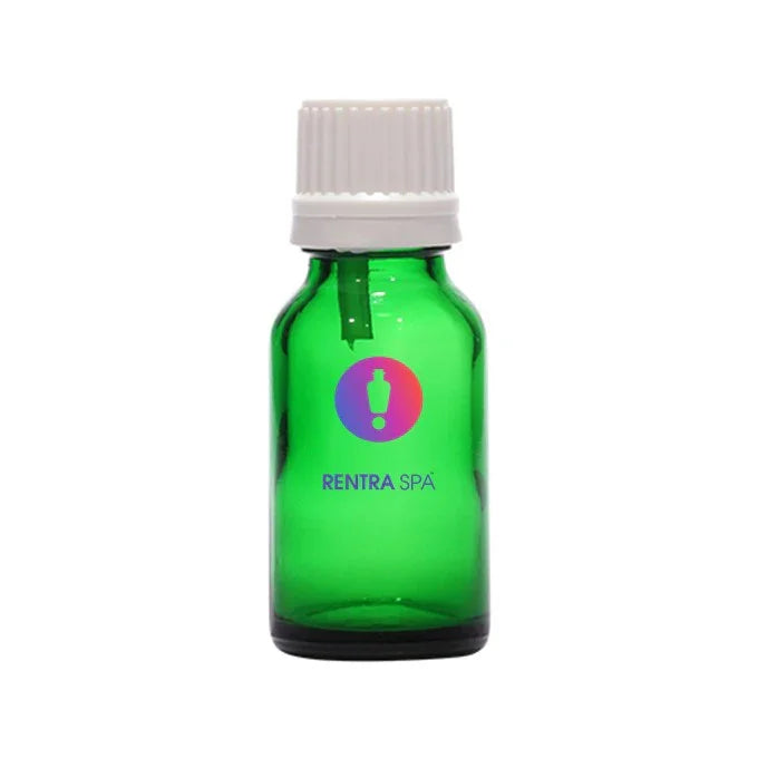 Green cosmetic glass bottle with white screw cap, ideal for essential oils or serums