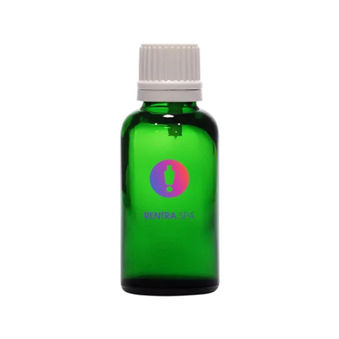Green glass dropper bottle with white cap and RENTRA SPA logo, ideal for serums and skincare