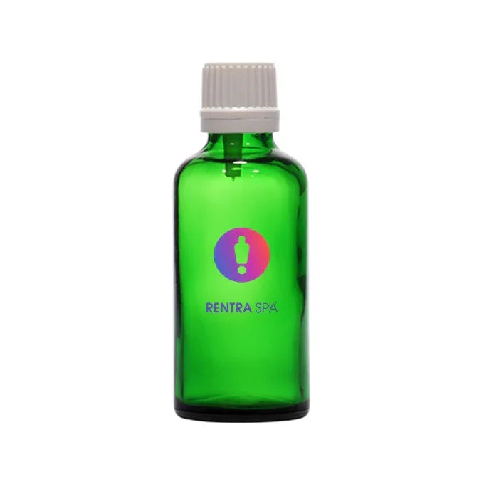Green glass cosmetic bottle with white plastic cap for skincare or essential oils packaging