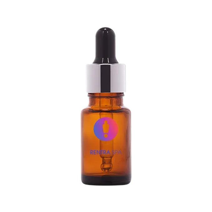 Amber glass dropper bottle with silver cap for serums by RENTRA SPA, premium cosmetic packaging.