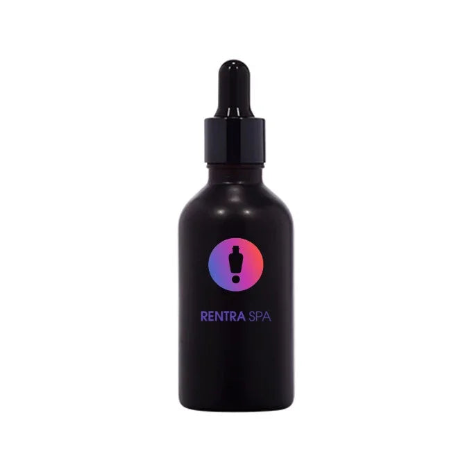 Black glass dropper bottle for cosmetic packaging with gradient logo on white background