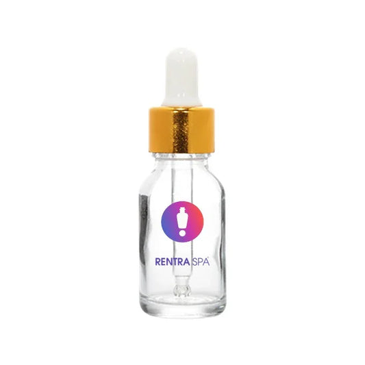 Clear glass dropper bottle with gold cap for cosmetic packaging, isolated on white background.