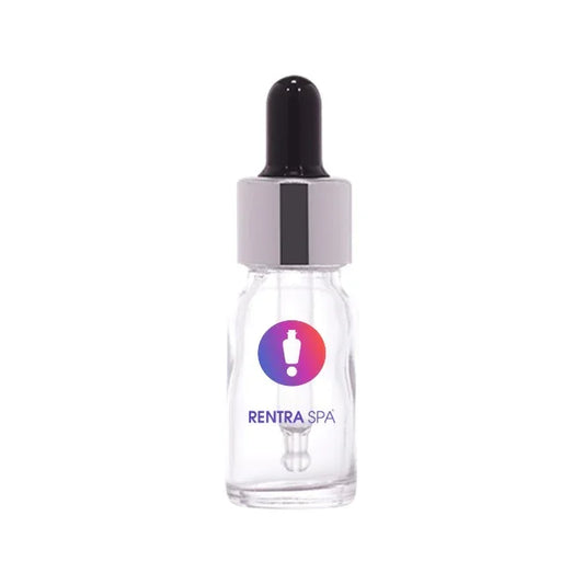 Clear glass dropper bottle with black cap for cosmetic packaging, standing upright on white background.