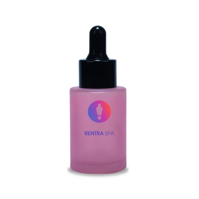Frosted pink glass dropper bottle with black cap and colorful logo, cosmetic packaging
