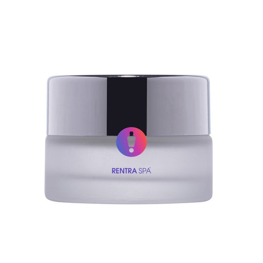 Frosted glass cosmetic cream jar with silver lid, RENTRASPA™ logo on front