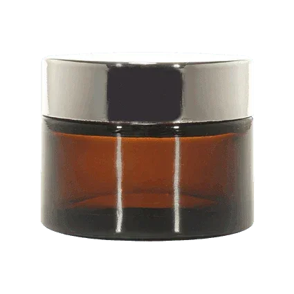 Amber glass cosmetic jar with a shiny silver lid, suitable for skincare or cream packaging