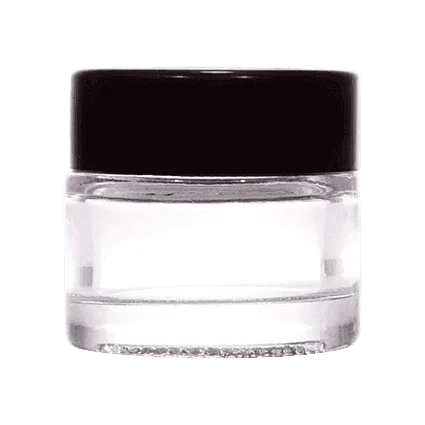 Clear cosmetic glass jar with a black lid, ideal for cream or balm packaging