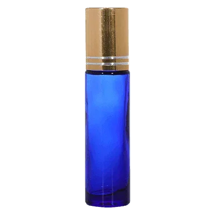 Blue glass cosmetic bottle with gold cap for skincare or perfume packaging