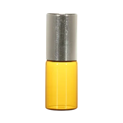 Amber glass cosmetic bottle with shiny silver cap, ideal for sample or travel packaging