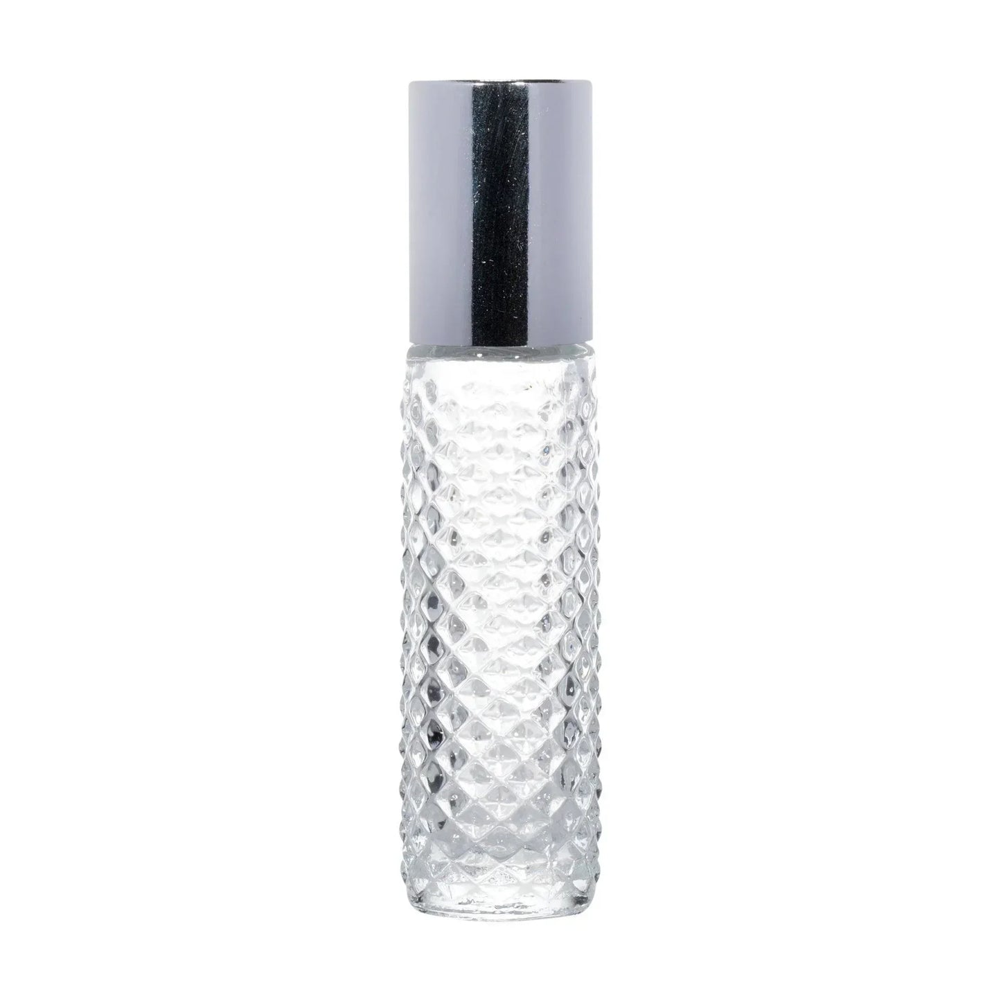 Clear textured glass cosmetic bottle with a silver cap, suitable for perfumes or serums