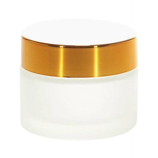 Frosted glass cosmetic jar with glossy gold lid, ideal for creams and skincare packaging