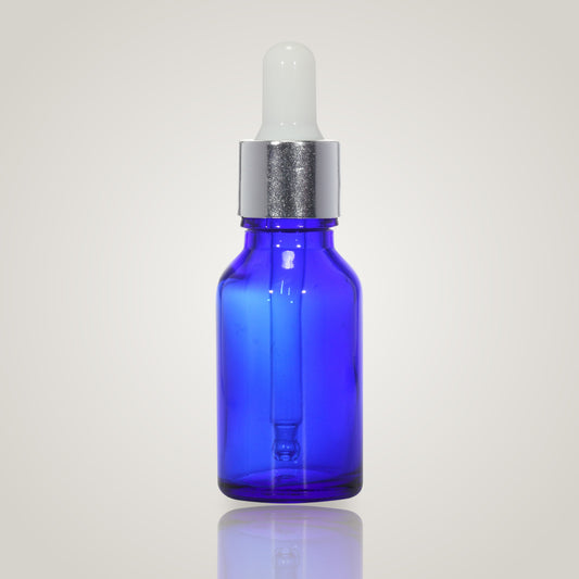 15ml blue glass dropper bottle with silver collar and white teat