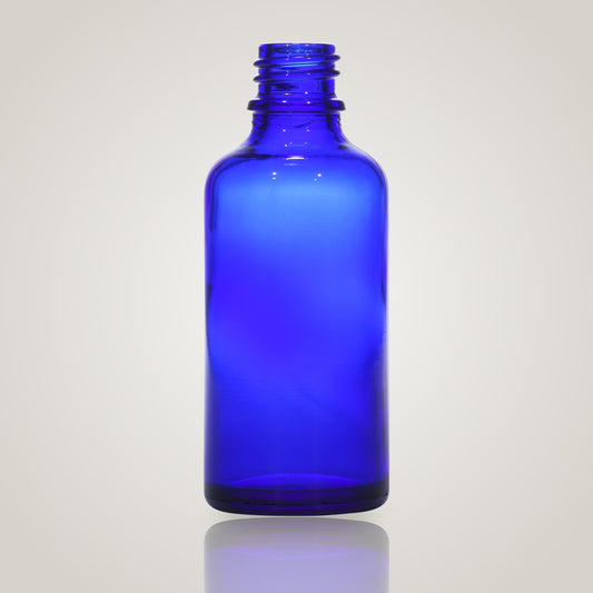 50ml blue glass bottle with 18mm neck, bottle only, no cap