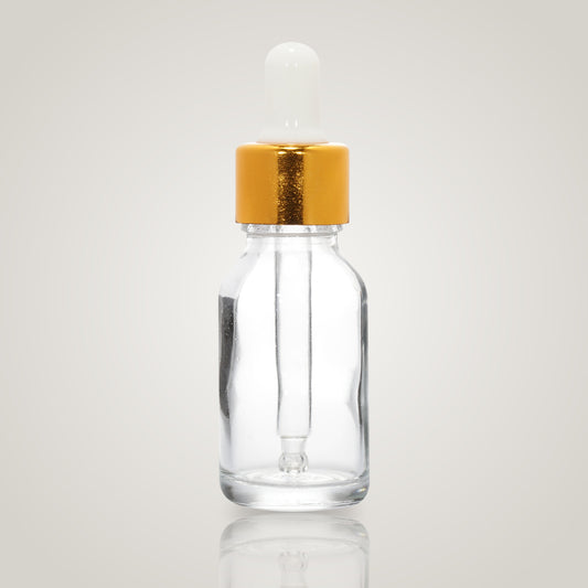 15ml clear glass dropper bottle with gold collar and white teat