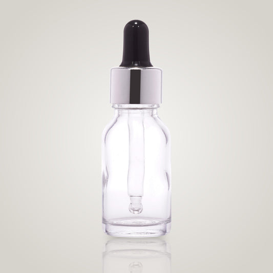 15ml clear glass dropper bottle with silver collar and black teat
