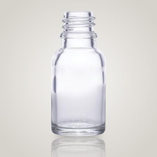 15ml clear glass bottle with 18mm neck, bottle only, no cap