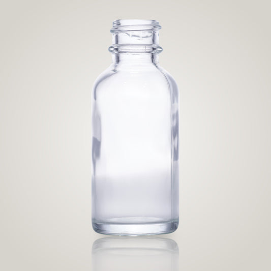 30ml clear glass bottle with 18mm neck, bottle only, no cap
