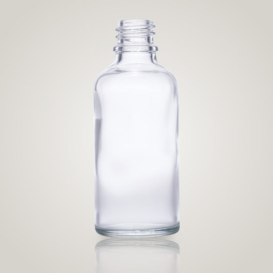 50ml clear glass bottle with 18mm neck, bottle only, no cap