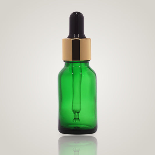 15ml green glass dropper bottle with gold collar and black teat