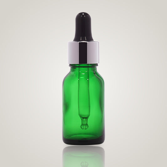 15ml green glass dropper bottle with silver collar and black teat