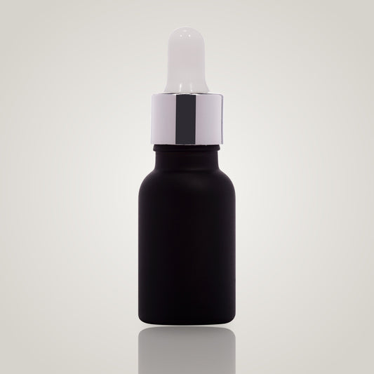 15ml black glass dropper bottle with silver collar and white teat