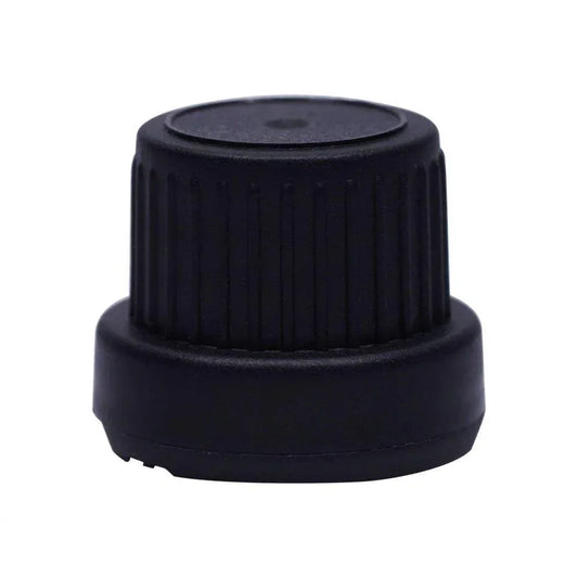 Black 18mm euro dropper cap for cosmetic glass packaging, close-up view